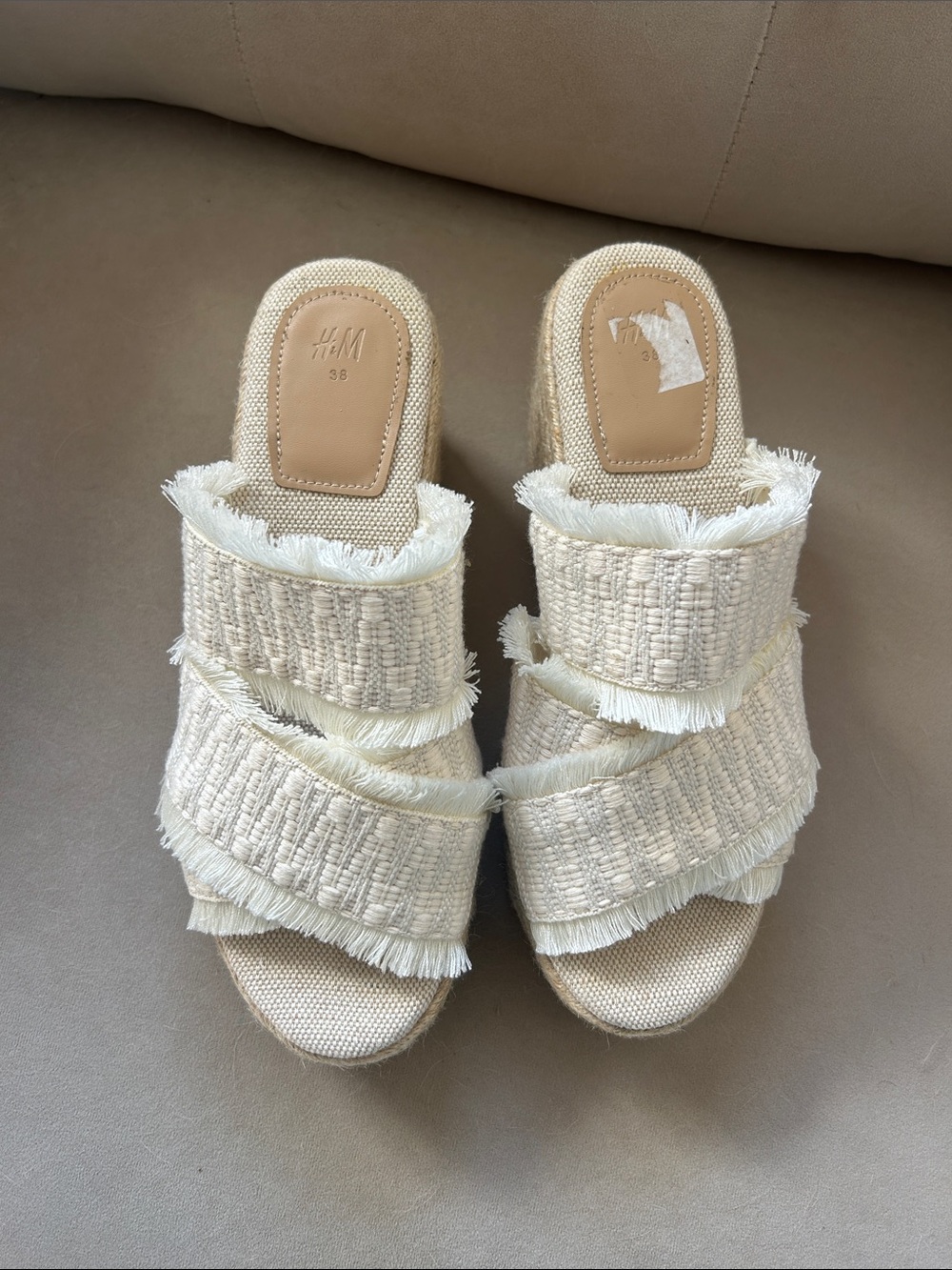 H&M Cream Fringed Woven Slide Mules